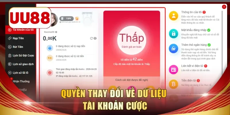Quyền thay đổi về dữ liệu tài khoản cược